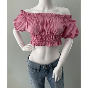 Zara Puff Sleeve Ruched Pink Off Shoulder Crop Top Smocked Blouse size Small